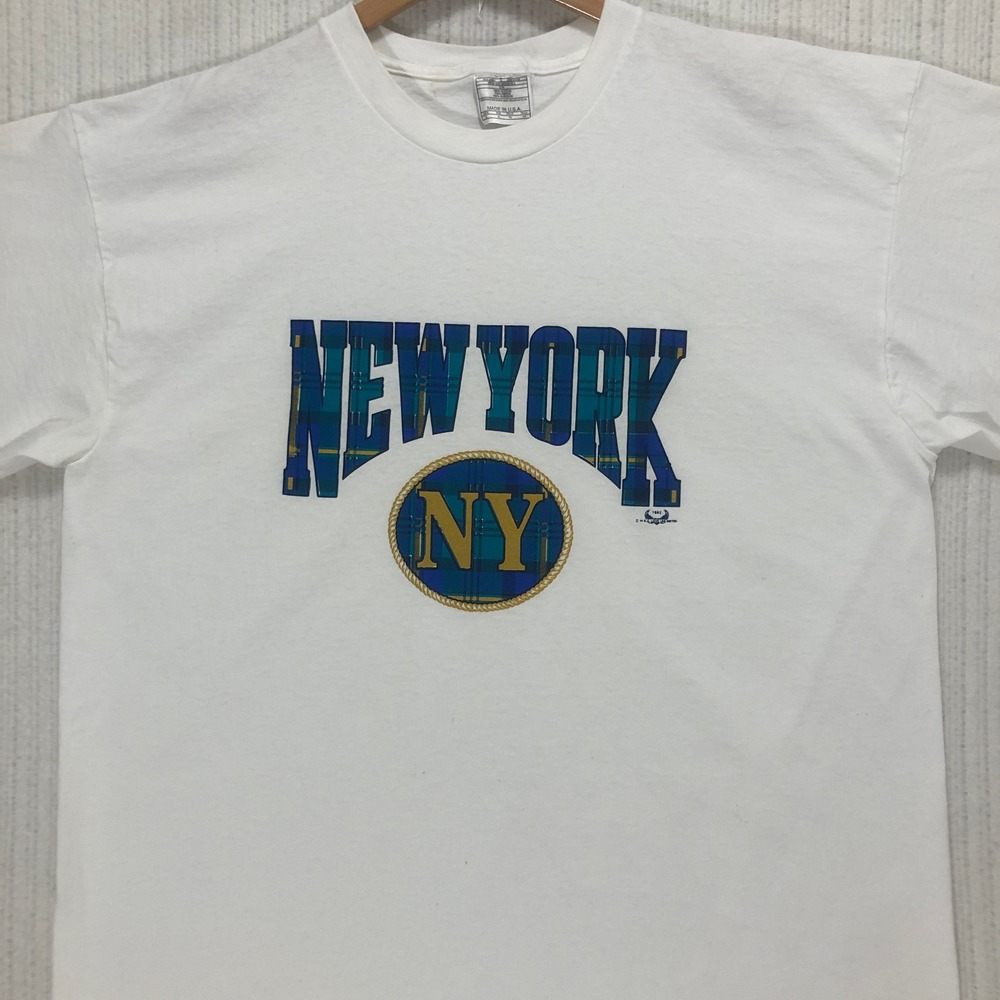 Vintage 1992 New York NY Plaid Graphic T-Shirt White Mens XL Made in USA